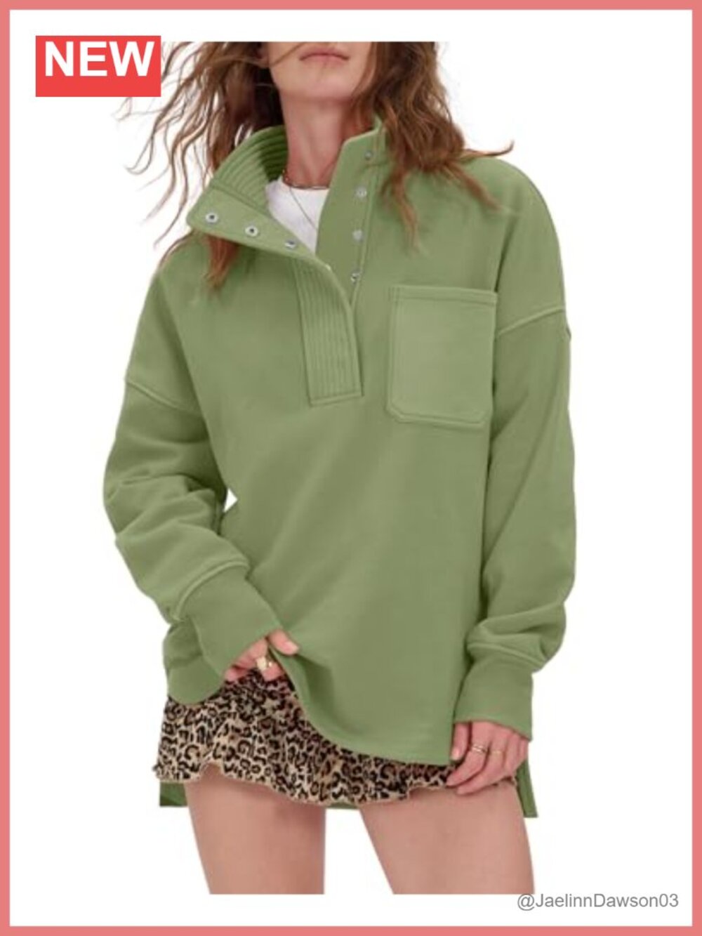 Oversized Henley Snap Button Sweatshirt Slouchy Pullover with Chest Pocket